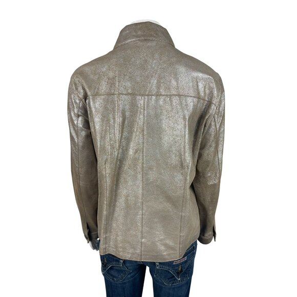 Chicos Gold Metallic 100% Leather Jacket Size 1 Medium 8 Full Zip Collared - Picture 3 of 6